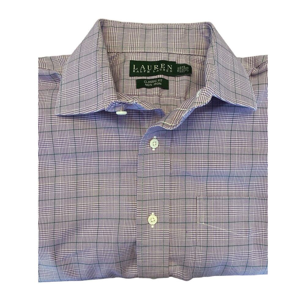 L Ralph Lauren L/S Button Shirt Purple Plaid 15.5 (32/33) Classic Fit No Iron